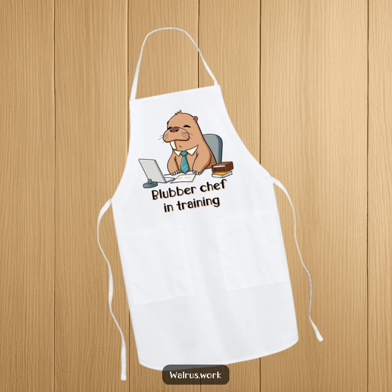 Funny sleepy walrus wearing a tie, looking tired at a kitchen desk, on an apron, for humorous cooking sessions.