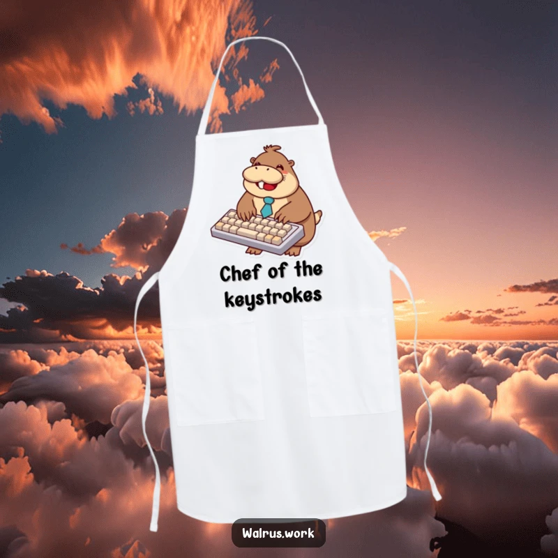 Funny walrus apron showing a smiling walrus in a tie typing on a comically oversized keyboard, perfect for cooking.