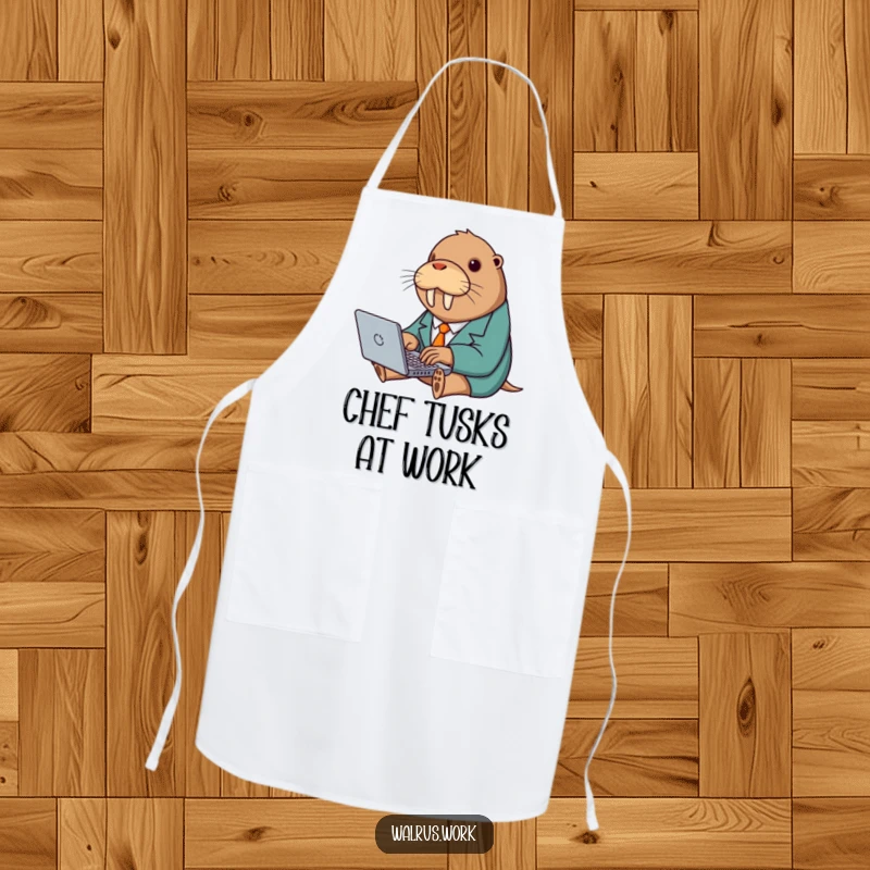 Funny apron showcasing a walrus in a suit typing on a laptop, perfect for a humorous kitchen.