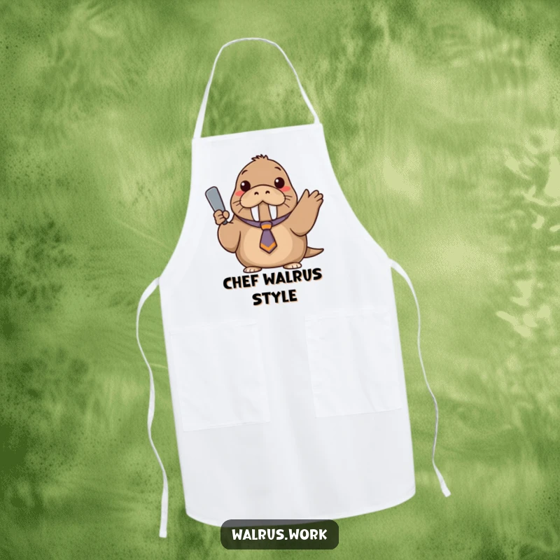 Funny kitchen apron with a walrus wearing a tiny, askew tie, confidently gesturing with a flipper.