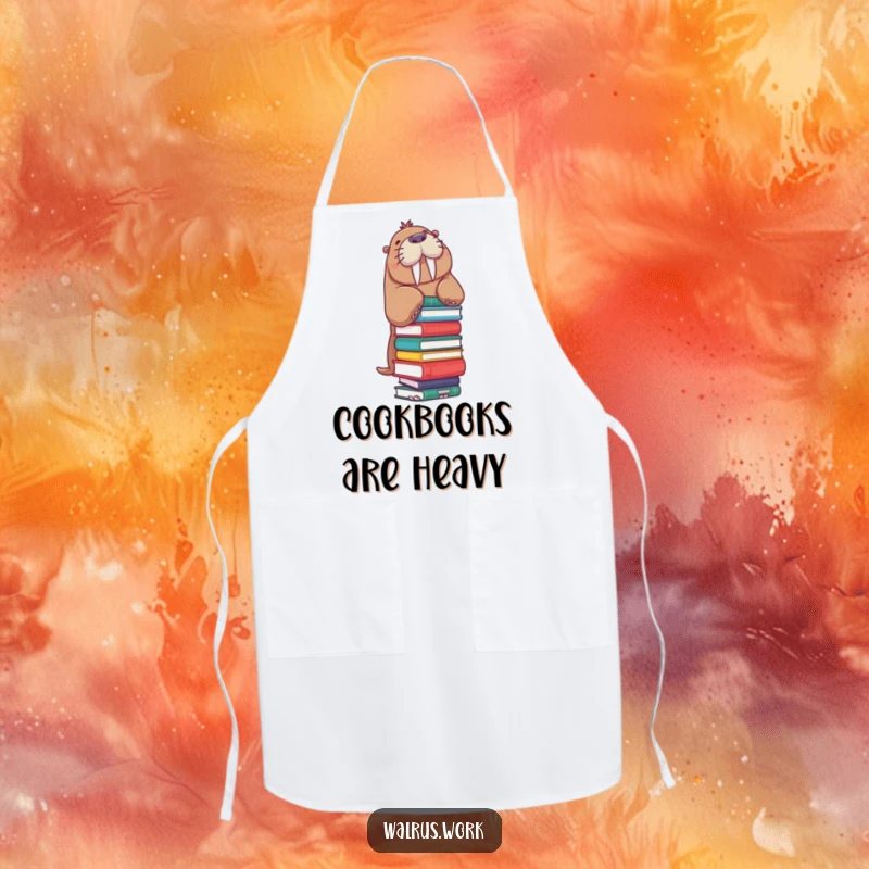 Funny Walrus Apron: A walrus precariously balances a stack of books, adding humorous literary fun to this kitchen essential.