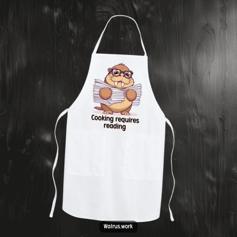 Funny kitchen apron with a walrus wearing reading glasses, comically struggling with a huge stack of papers.