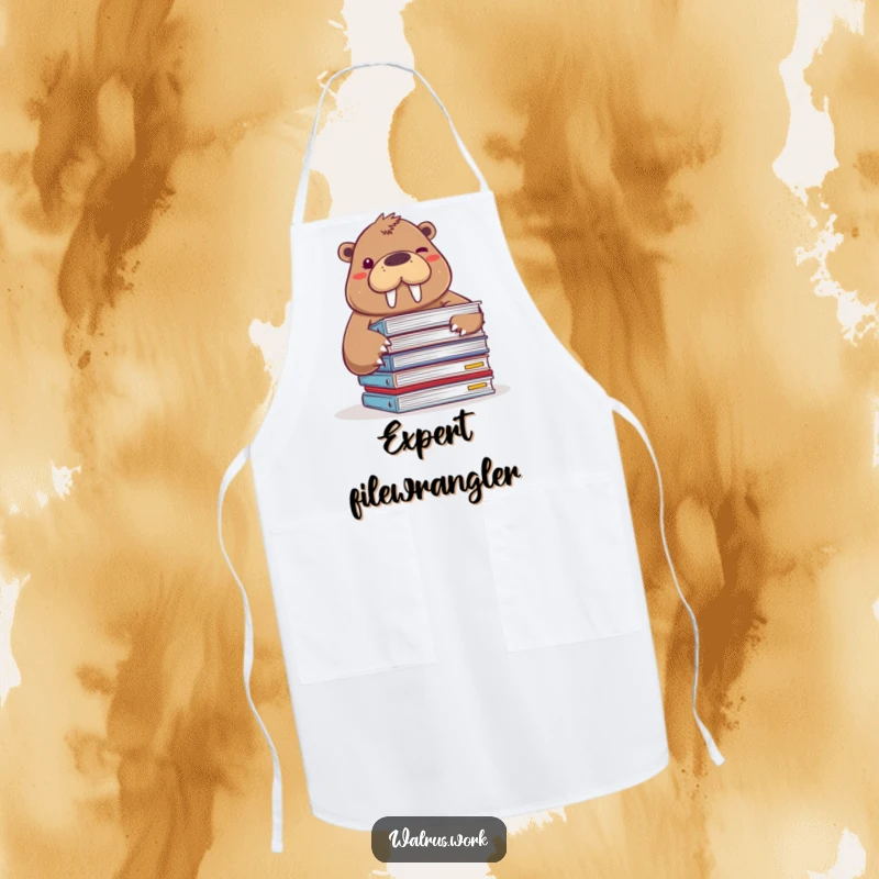 Funny apron featuring a walrus peeking from behind documents and winking, perfect for kitchen fun.