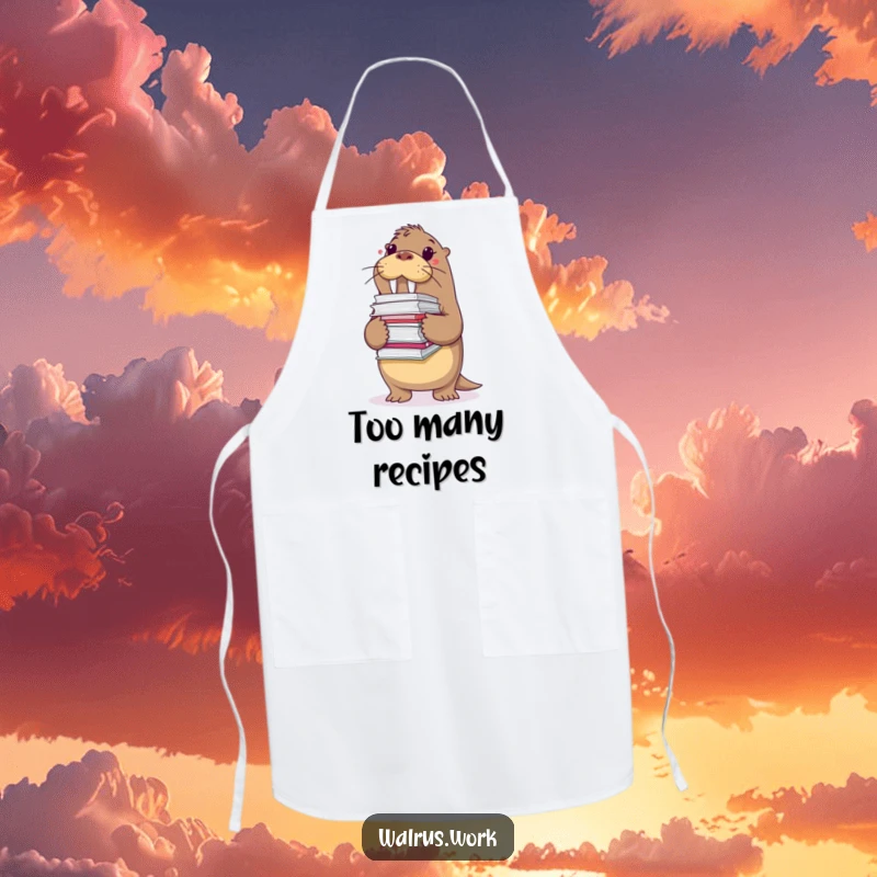 Funny apron depicting a walrus struggling with a large stack of files, blending culinary tasks with the humor of being overwhelmed.