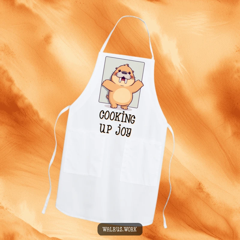 Funny happy dance walrus apron depicting a joyful walrus dancing behind an office cubicle, a practical funny gift.