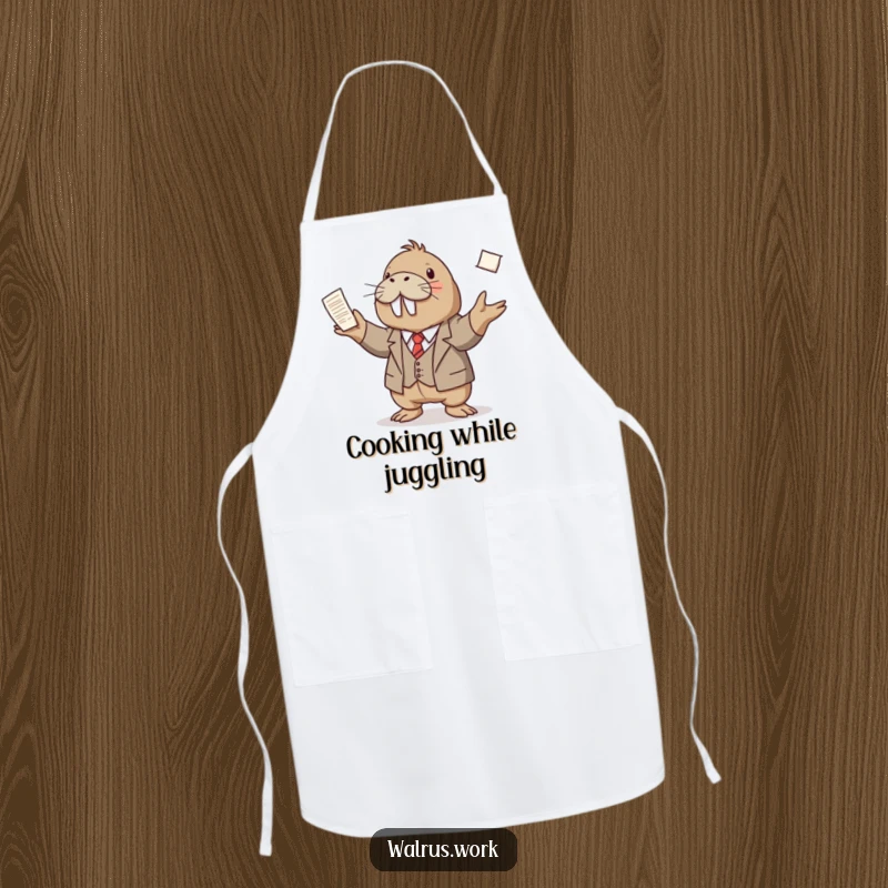 Funny apron with a walrus wearing a tiny suit, juggling papers, ideal for a humorous and professional kitchen experience.