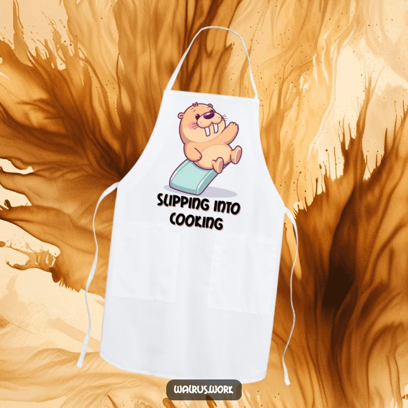 Funny apron depicting a walrus gleefully sliding down a miniature office slide, perfect for adding playful charm to kitchen tasks.