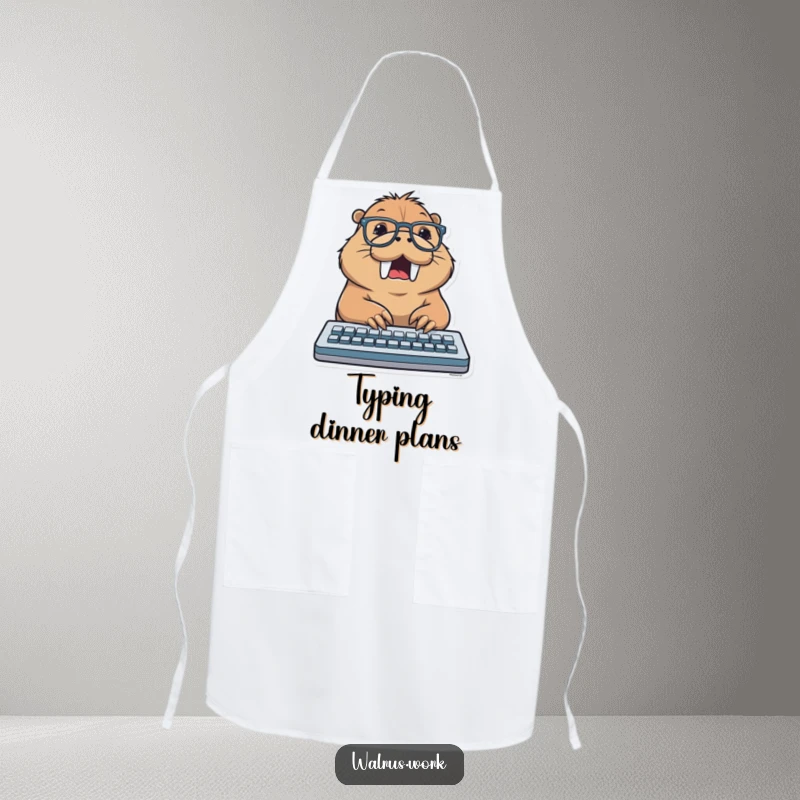Funny apron with a walrus wearing glasses, typing excitedly on a keyboard, ideal for a humorous and digitally inspired cooking experience.