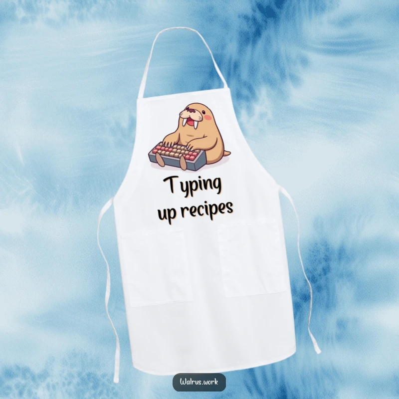 Funny typing walrus apron, a walrus typing on a small keyboard, ready for kitchen adventures with a tech twist.