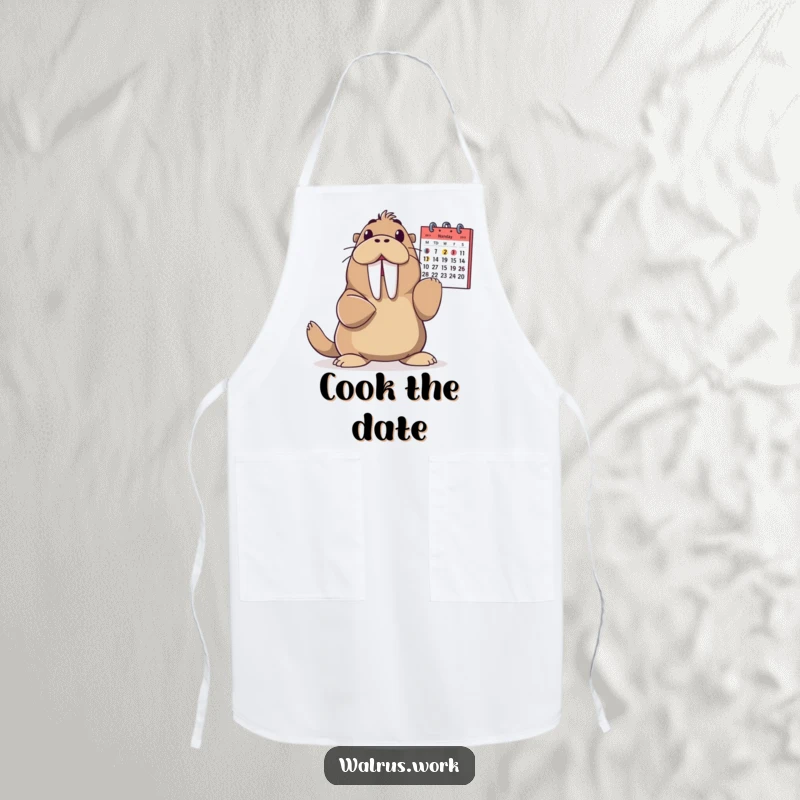 Funny Walrus Apron: A walrus gleefully points at a calendar, highlighting the fun of cooking and organization on this humorous apron.