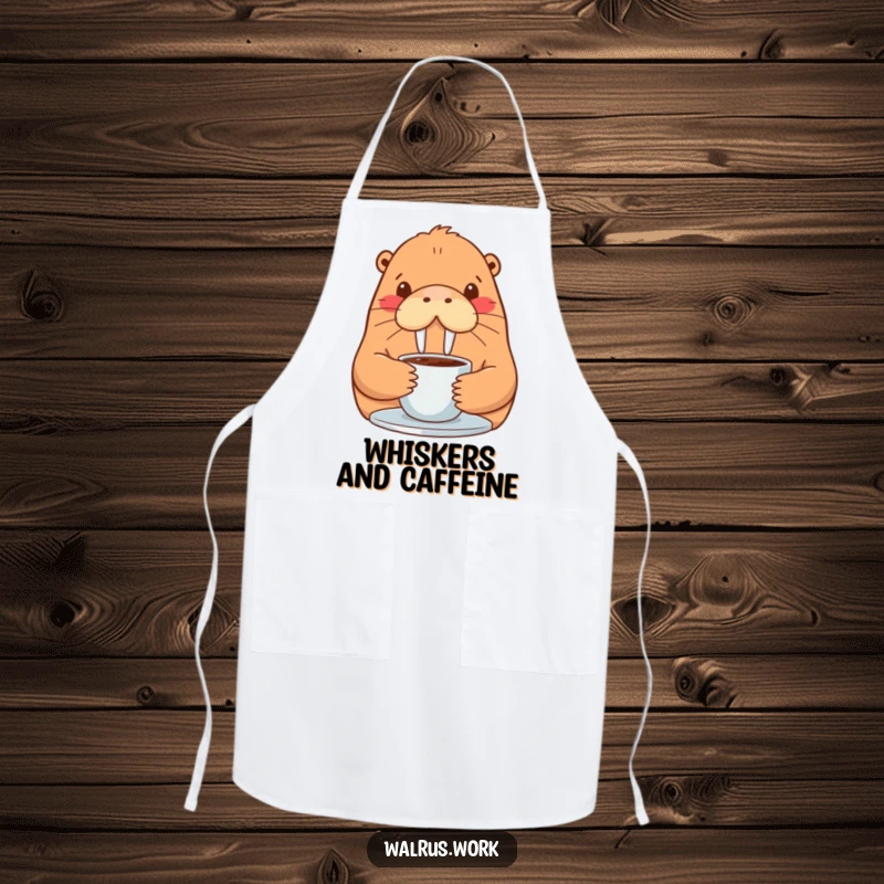 Funny walrus apron showing a cheerful walrus holding a coffee cup with a contented smile, ready to cook.