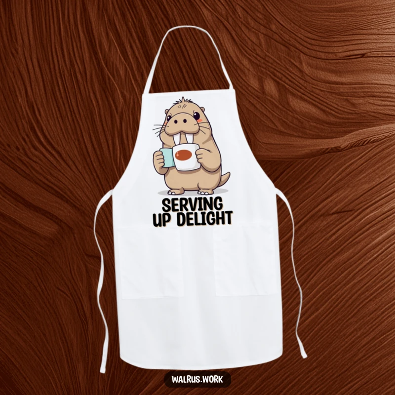 Funny Walrus Apron: An enthusiastic walrus proudly presents a coffee mug, making this apron both functional and humorous for the kitchen.