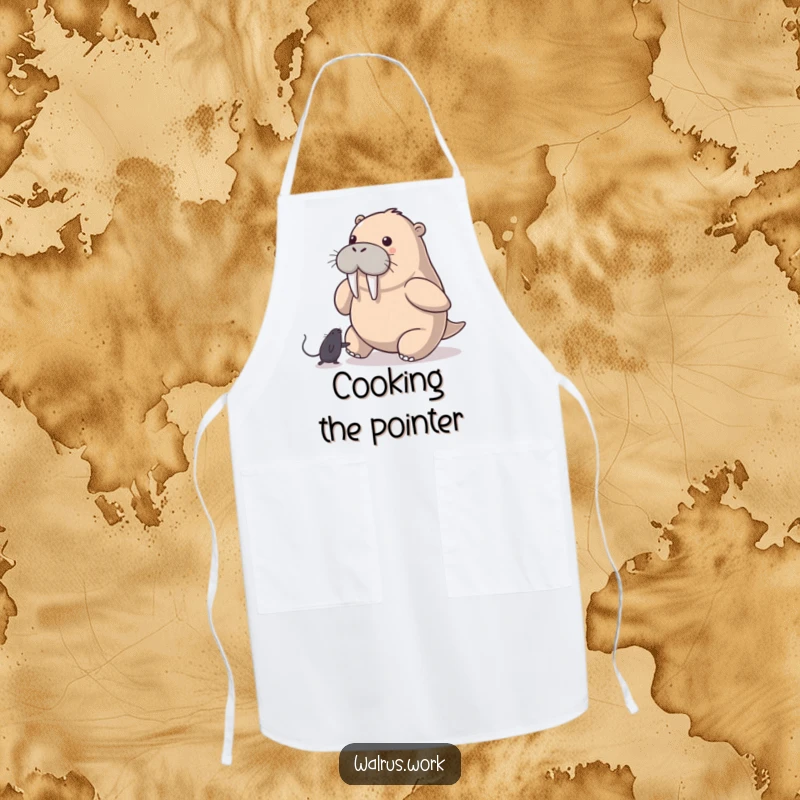 Funny Walrus Apron: A walrus playfully chases a computer mouse pointer, adding humorous tech-themed fun to this kitchen essential.