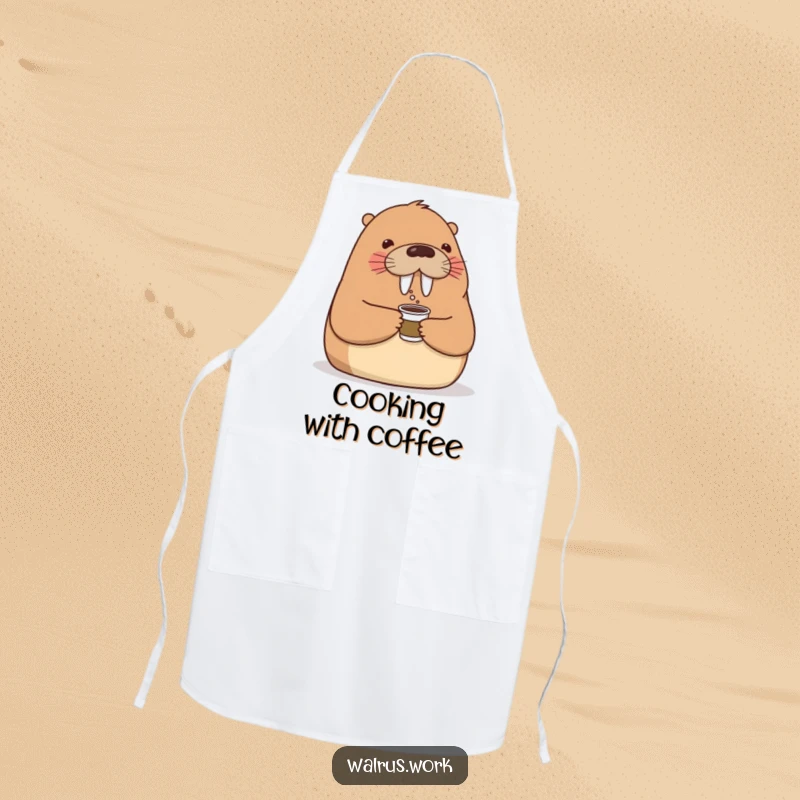 Funny apron depicting a friendly walrus offering a small coffee cup with a nod, perfect for adding office charm to kitchen tasks.