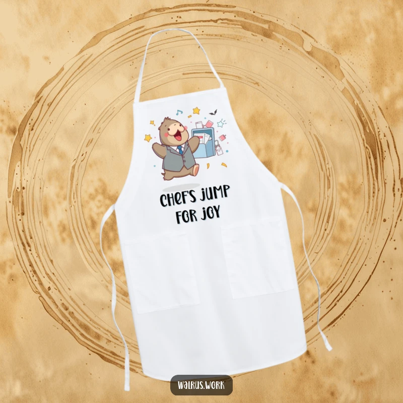 Funny apron showcasing a walrus in a tiny suit doing a celebratory jump near a very full and overflowing inbox.