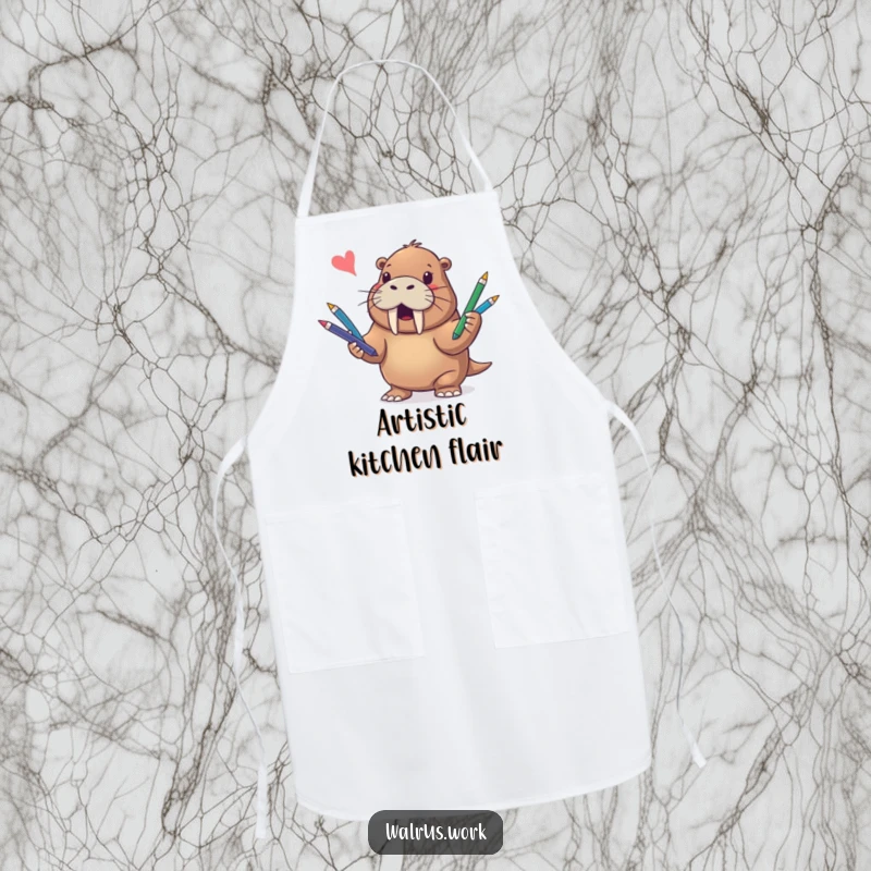 Funny apron showcasing a cheerful walrus masterfully juggling writing utensils, adding humor to kitchen tasks.