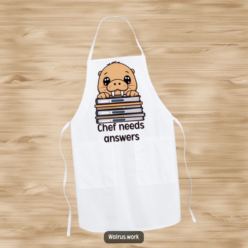 Funny walrus apron showing a curious sea mammal peeking over office files, a humorous kitchen accessory for watchful cooks.