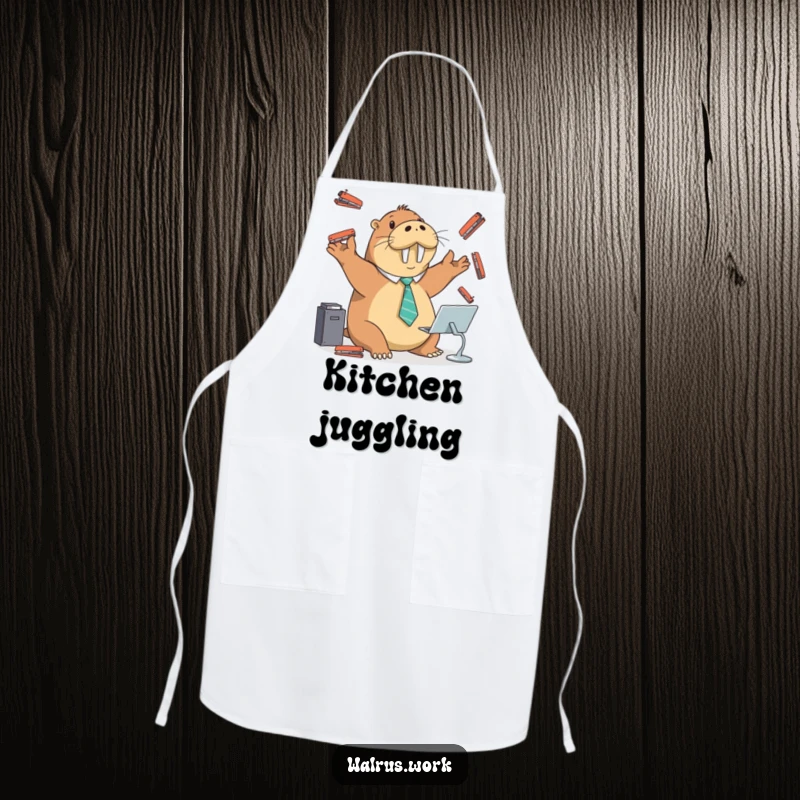 Funny apron with a walrus in a tie juggling staplers at a desk, perfect for a playful cook.