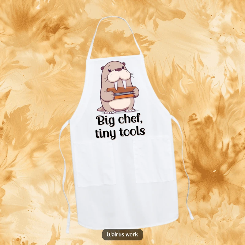 Funny walrus apron depicting a walrus character humorously attempting to use a stapler that is excessively large for its flippers.