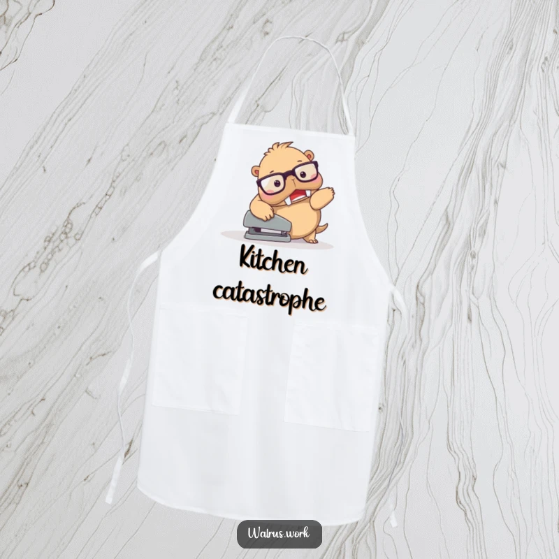 Funny Walrus Stapler Trip Apron: Spectacled walrus character comically tripping over a stapler, ideal for a fun and protective kitchen accessory.