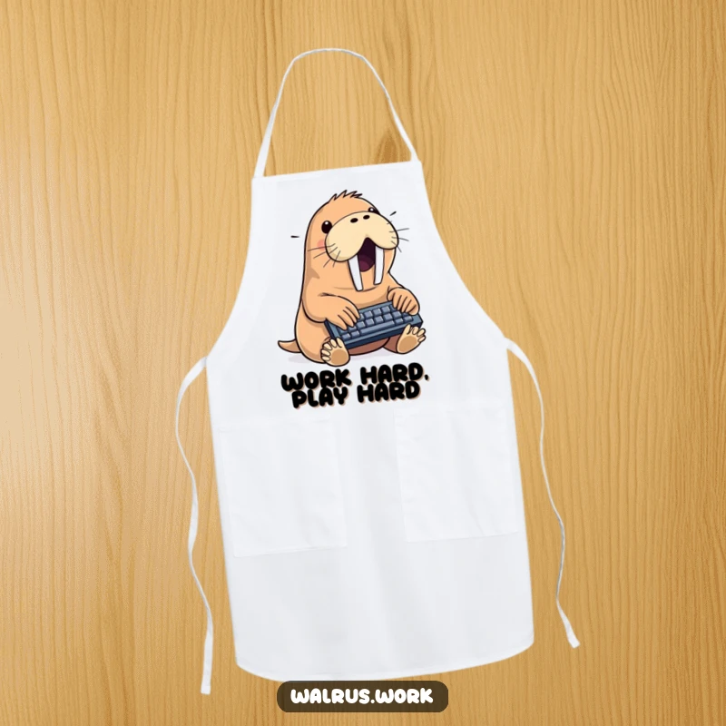 Funny walrus apron showing a sea creature typing furiously on a miniature keyboard, a humorous kitchen accessory for cooks and bakers.