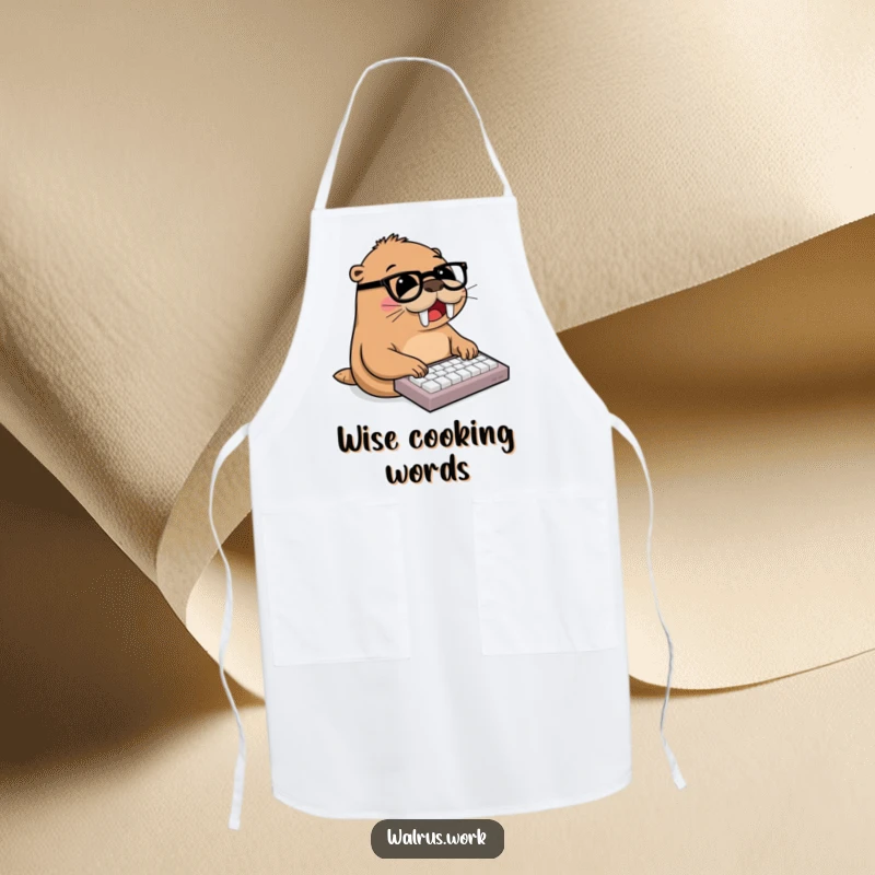 Funny walrus, wearing glasses, joyfully typing on miniature keyboard, office humor, work wear, kitchen funny apron.
