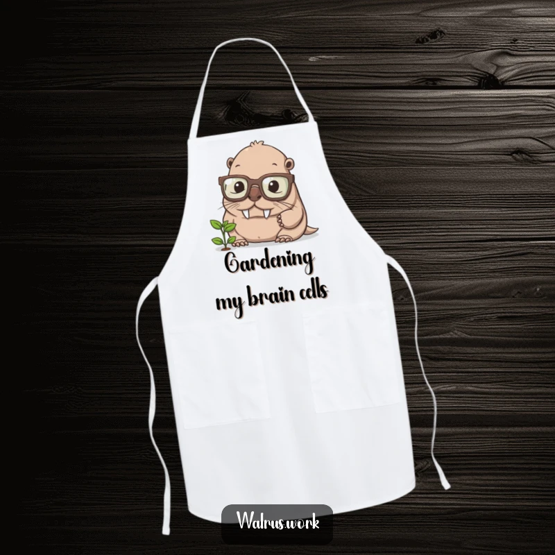 Funny walrus apron, a smart walrus wearing glasses, intently studying a tiny sprout, ideal for kitchen fun and cooking.