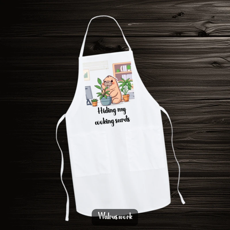 Funny office walrus apron showing a walrus hiding behind a potted plant, great for kitchen humor.