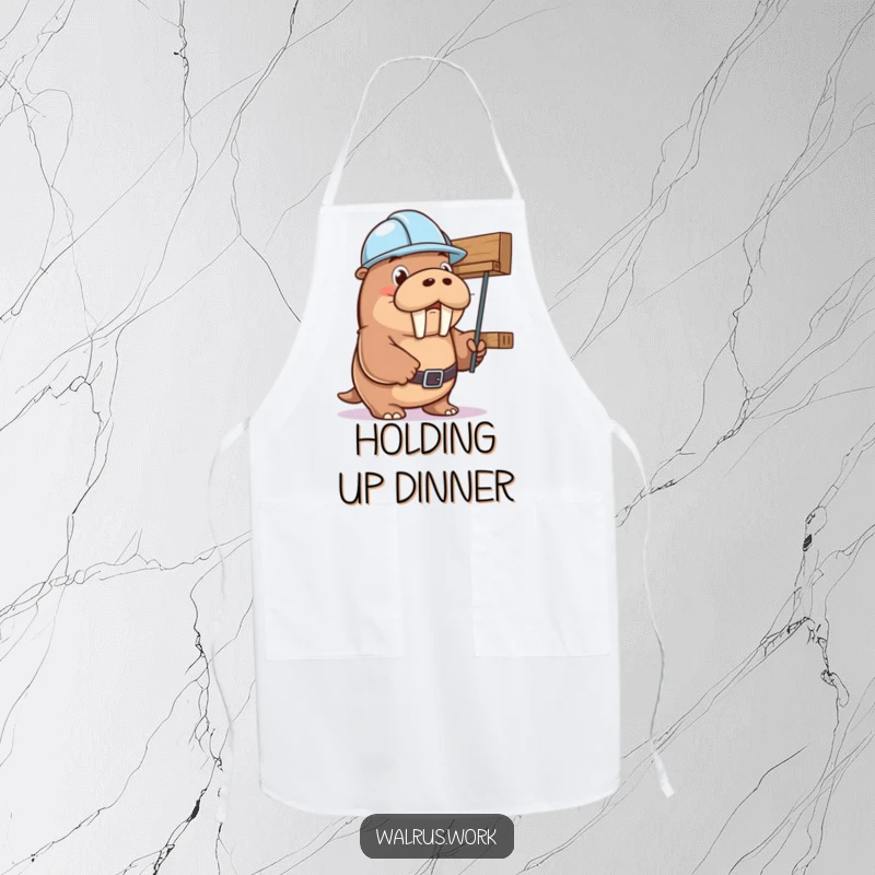 Funny walrus wearing a hard hat, humorously securing a shelf, adds charm to this protective apron. Ideal funny gift.