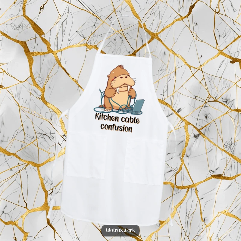 Funny walrus apron depicting a determined walrus character wrestling with a messy tangle of computer cables, perfect for cooks.