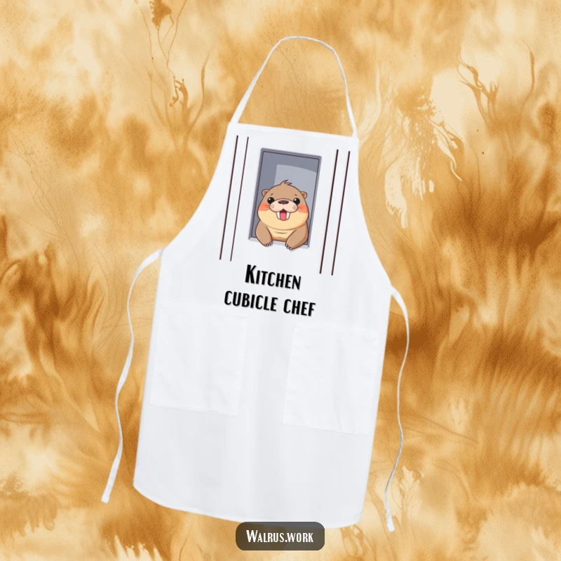 Funny apron with a walrus peeking out of a cubicle with a cheerful smile, perfect for a playful cook.