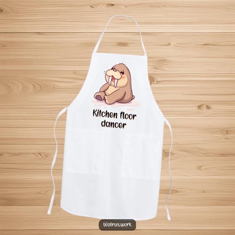 Funny apron showing a walrus joyfully sliding on a polished floor, perfect for a happy kitchen.