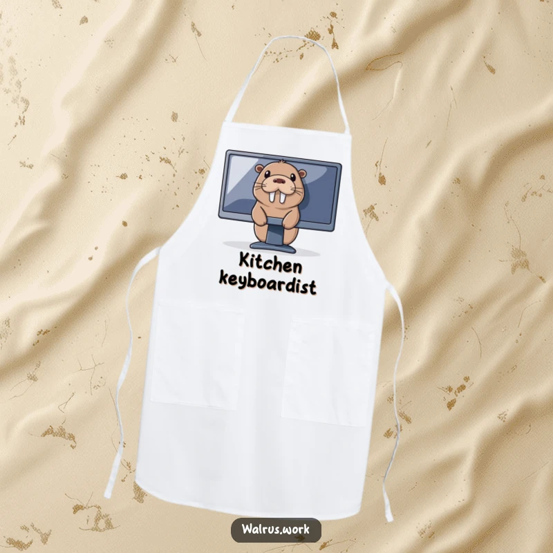 Funny tech walrus apron with a walrus peeking from behind a computer, perfect for protecting clothes during cooking or browsing.