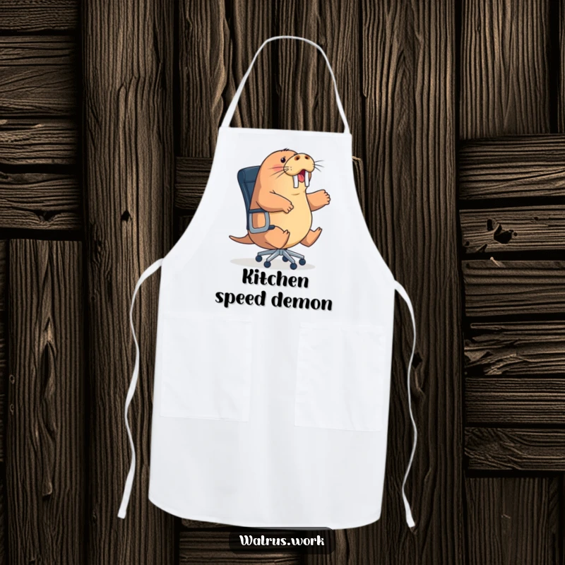 Funny energetic walrus apron depicting a sea mammal riding a rolling office chair, a practical funny gift.