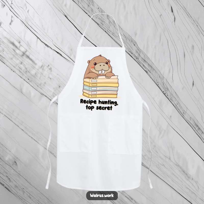 Funny walrus peeking over office folders, practical and humorous kitchen apron for cooks.
