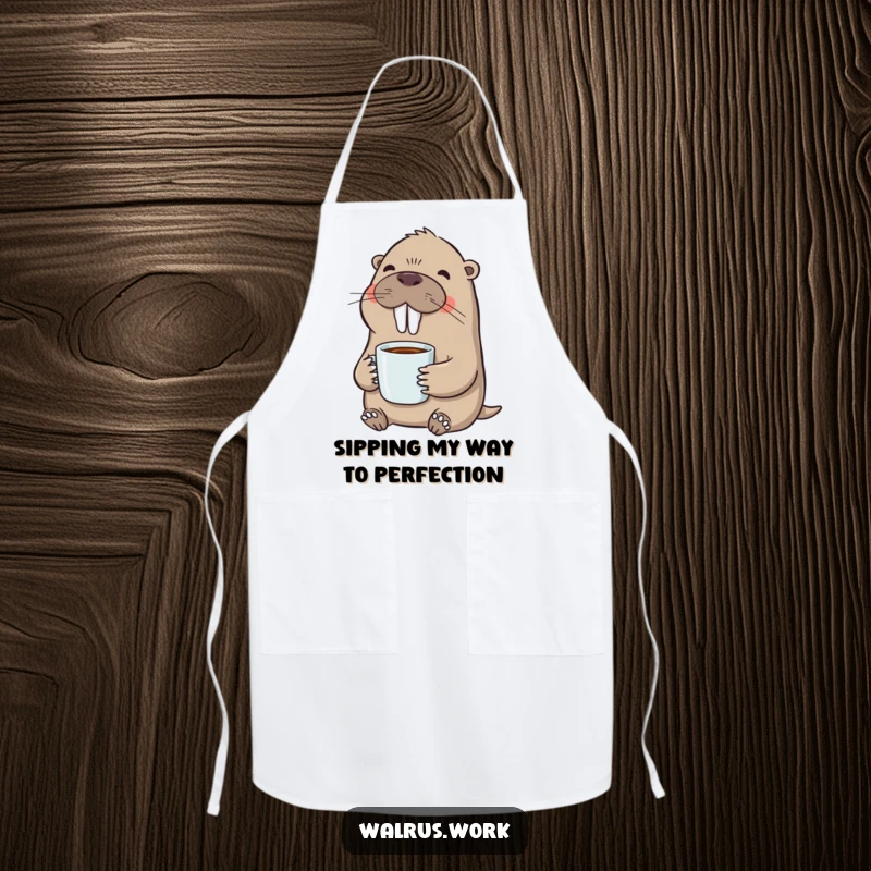 Funny apron showcasing a walrus happily sipping coffee, ideal for kitchen fun and protecting clothes with humor.