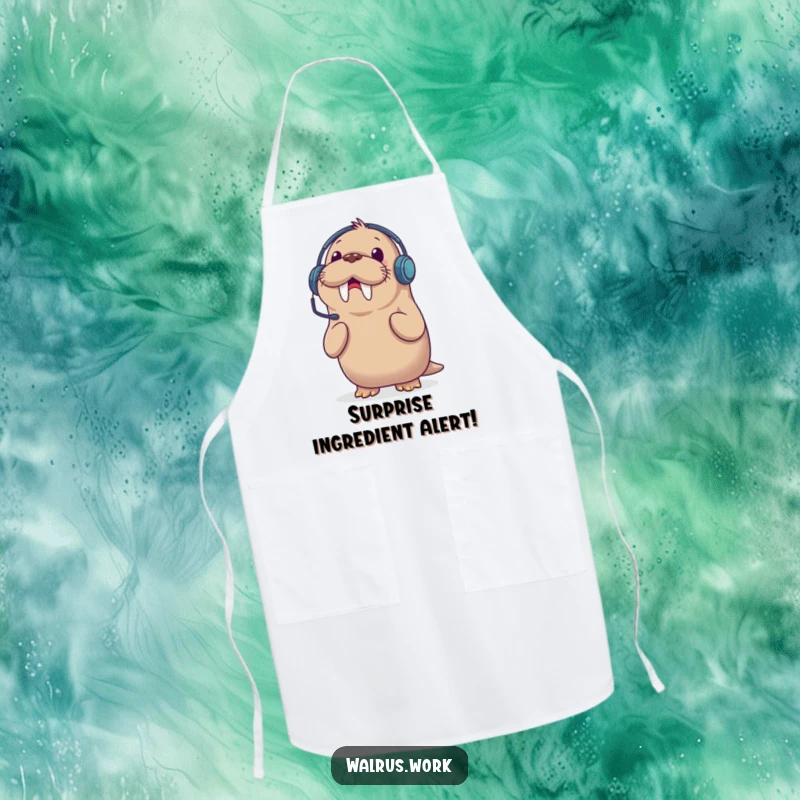 Funny apron with a walrus in a headset, comically surprised by a phone call, perfect for kitchen protection and humor.