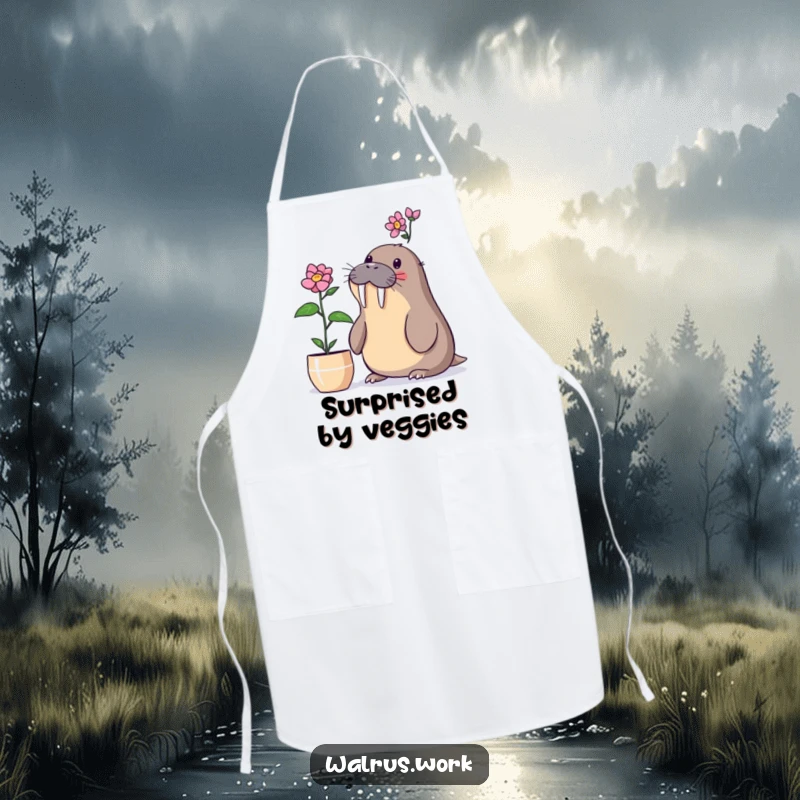 Funny walrus apron with a walrus surprised by a blooming desk plant, perfect for plant enthusiasts.