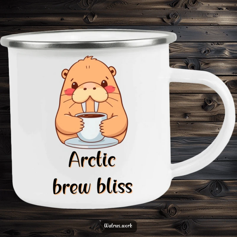 Funny walrus camping mug, an enamel cup with a contented walrus sipping coffee, perfect for outdoor enthusiasts.