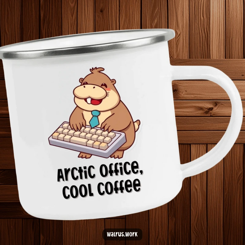 Funny walrus camping mug showing a smiling walrus in a tie typing on an oversized keyboard, perfect for outdoors.