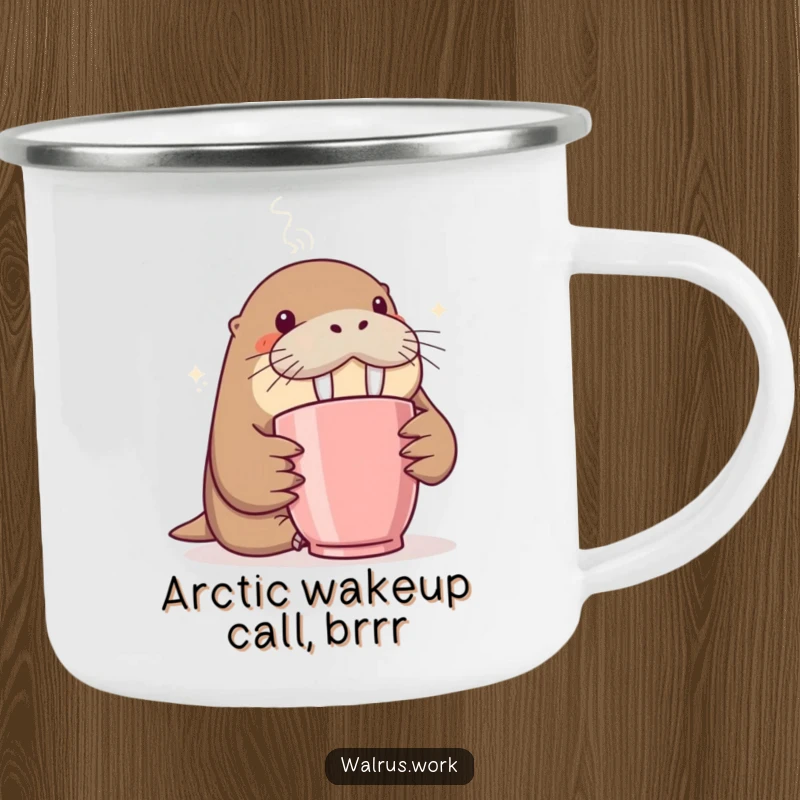 Funny camping mug featuring a walrus curiously sniffing coffee steam, ideal for outdoor adventures and hot beverages.