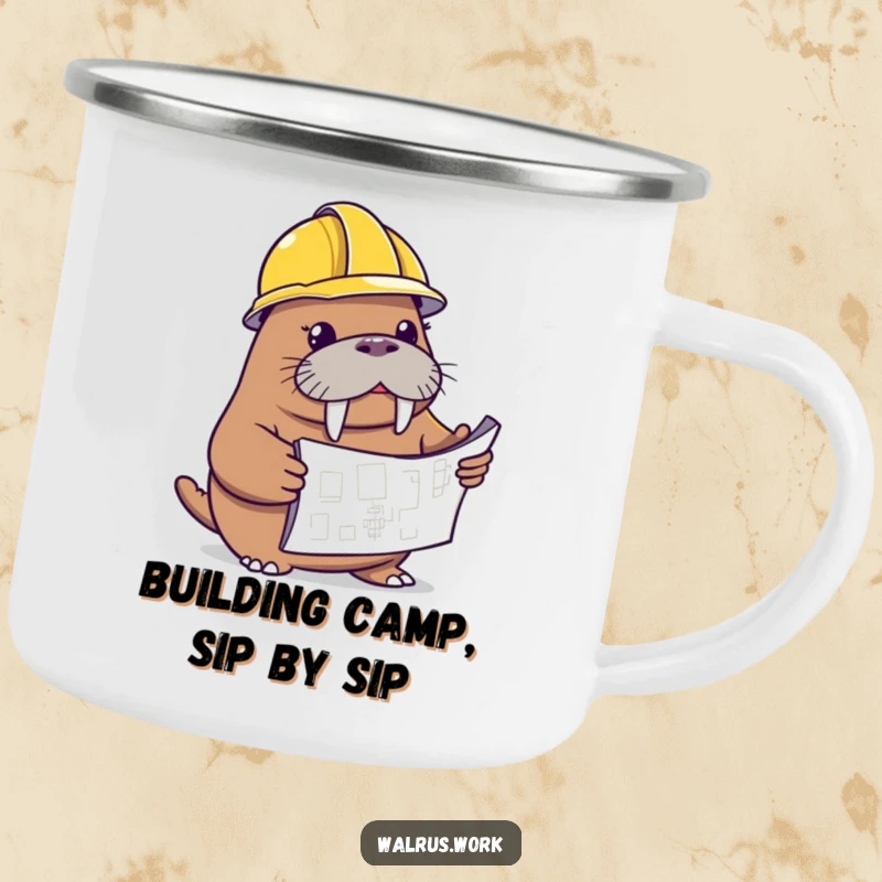 Funny walrus camping mug showing a walrus in a hard hat with a blueprint, ready for adventure.