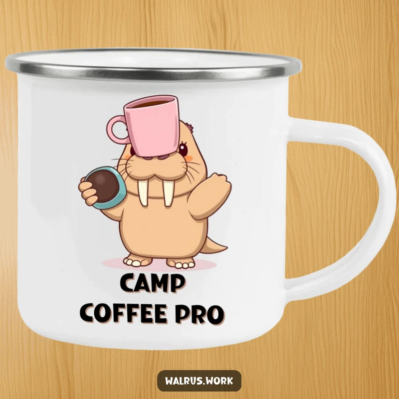 Funny walrus character balancing a coffee mug on its nose while holding a camping mug, enjoying the outdoors.