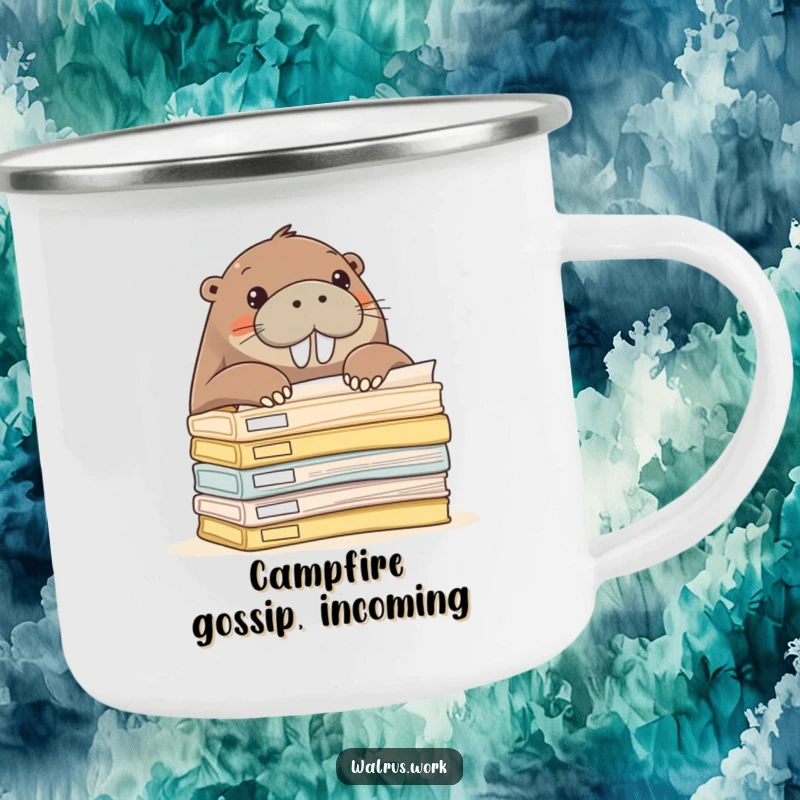 Funny walrus peeking over office folders, durable camping mug for curious adventurers.