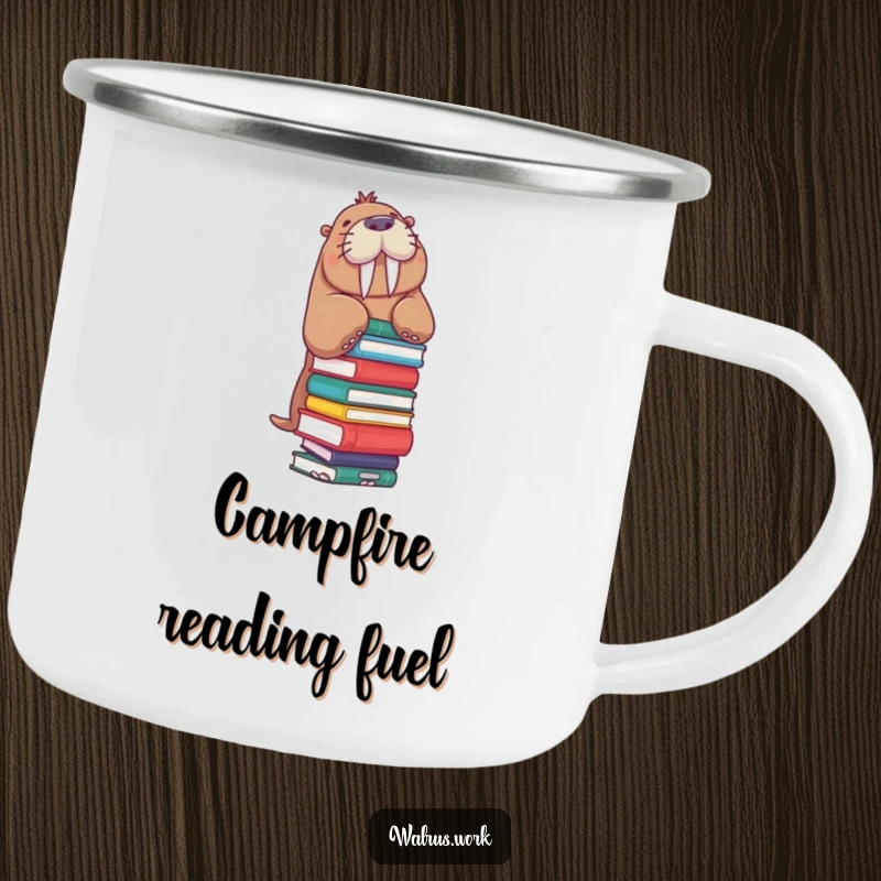 Funny Walrus Camping Mug: A walrus precariously balances a stack of books, bringing humorous literary fun to this durable outdoor mug.