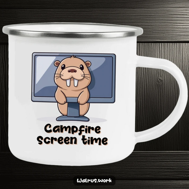 Funny tech walrus camping mug with a walrus peeking from behind a computer, perfect for outdoor browsing and hot drinks.