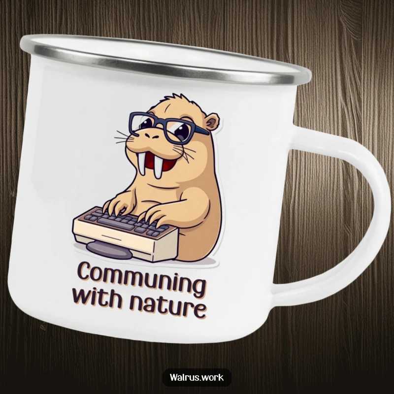 Funny typing walrus camping mug with a walrus wearing glasses typing on a keyboard, perfect for outdoor work sessions and hot drinks.