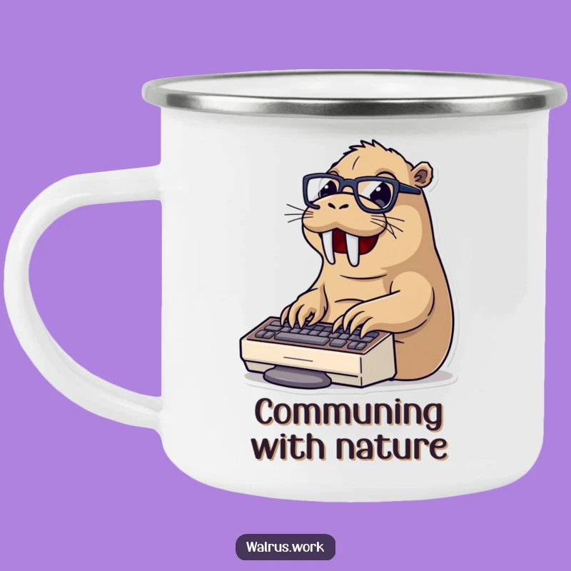 Funny Typing Walrus Camping Mug: Fuel Your Workday - Hilarious Office Outdoor Gift