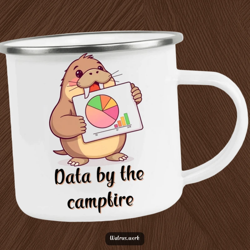 Funny walrus camping mug with a walrus presenting a pie chart, perfect for outdoor enthusiasts.