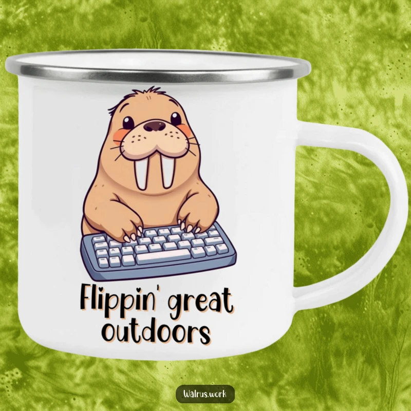Funny walrus camping mug featuring a walrus typing on a keyboard with flippers, perfect for outdoor coffee or tea enjoyment.